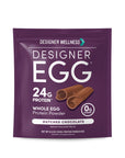 Front of the Designer Egg Dutched Chocolate whole egg protein powder pouch, 12.4 oz, showing 24g protein and 0g sugar