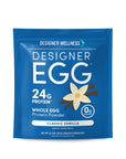 Front of the Designer Egg Classic Vanilla whole egg protein powder pouch, 12.4 oz, showing 24g protein and 0g sugar