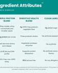 Designer Whey French Vanilla ingredient attributes: triple protein blend, digestive health blend, clean label