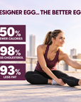 Designer Egg, the better egg. 50% fewer calories, 98% less cholesterol and 93% less fat than the whole eggs it matches for protein.