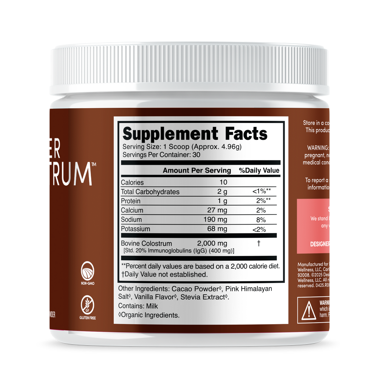 Designer Colostrum Chocolate tub, side view.