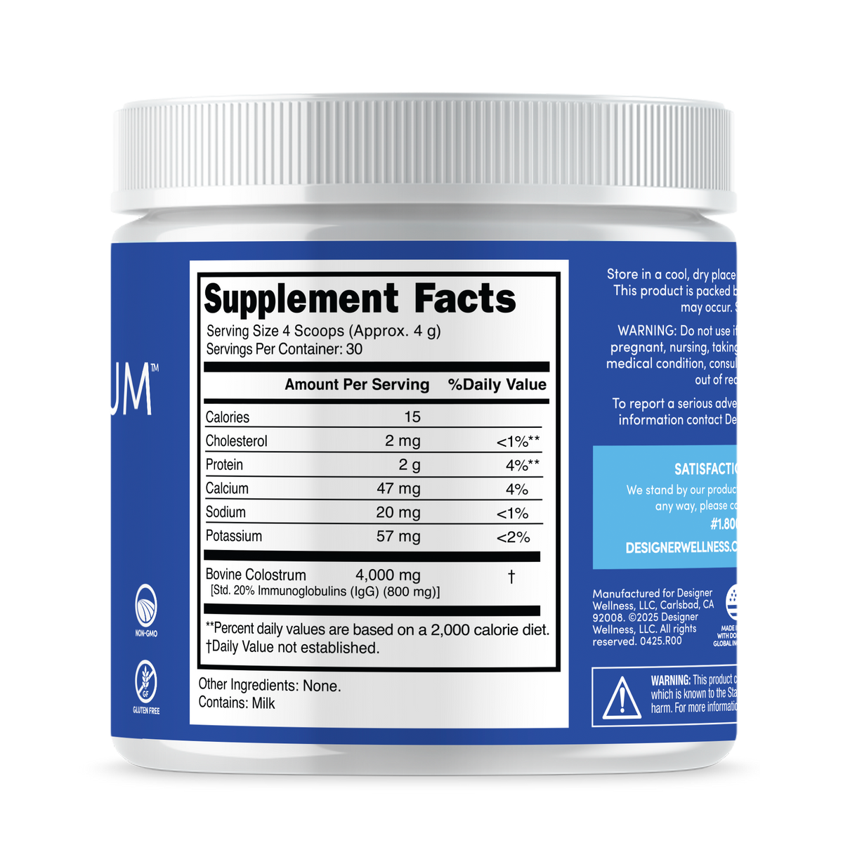Designer Colostrum Unflavored tub, side view.