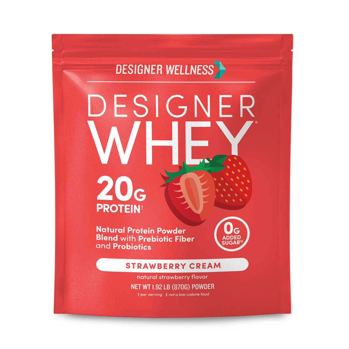 Designer Whey Strawberry Cream 1.92 lb bag, front of package