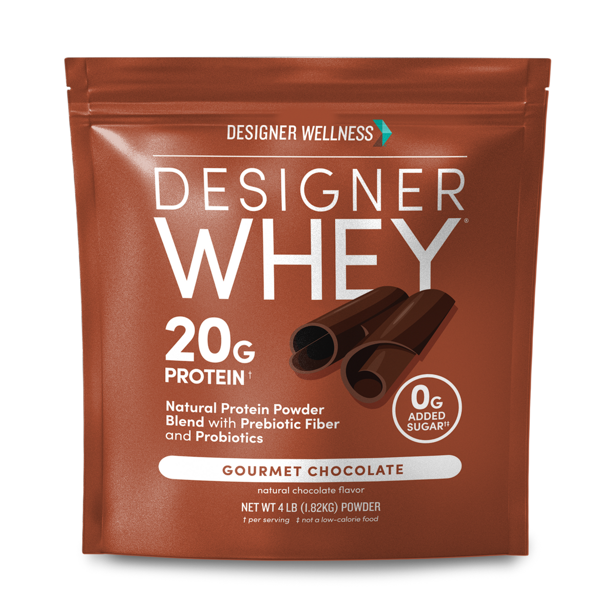 Designer Whey Gourmet Chocolate 4 lb bag, front of package