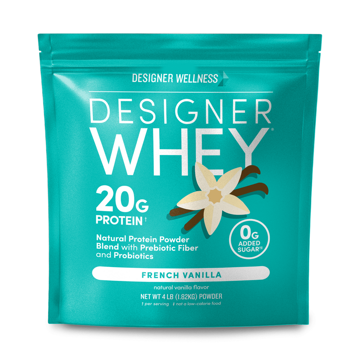 Designer Whey French Vanilla 4 lb bag, front of package