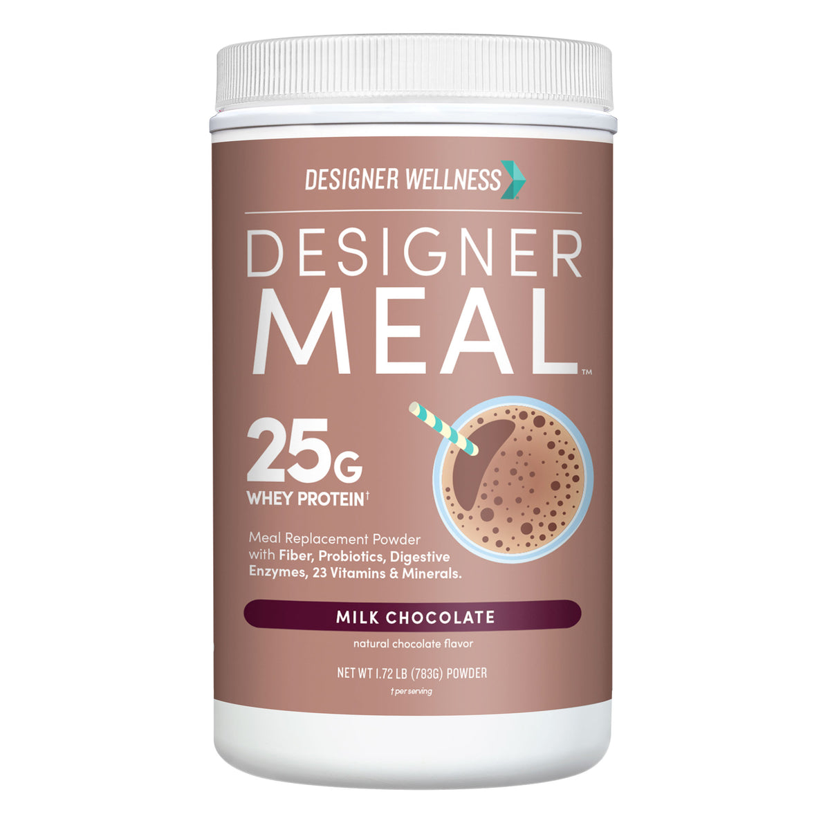 Front of the Designer Meal Milk Chocolate meal replacement powder container, 1.72 lb, showing 25g whey protein