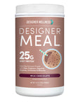 Front of the Designer Meal Milk Chocolate meal replacement powder container, 1.72 lb, showing 25g whey protein