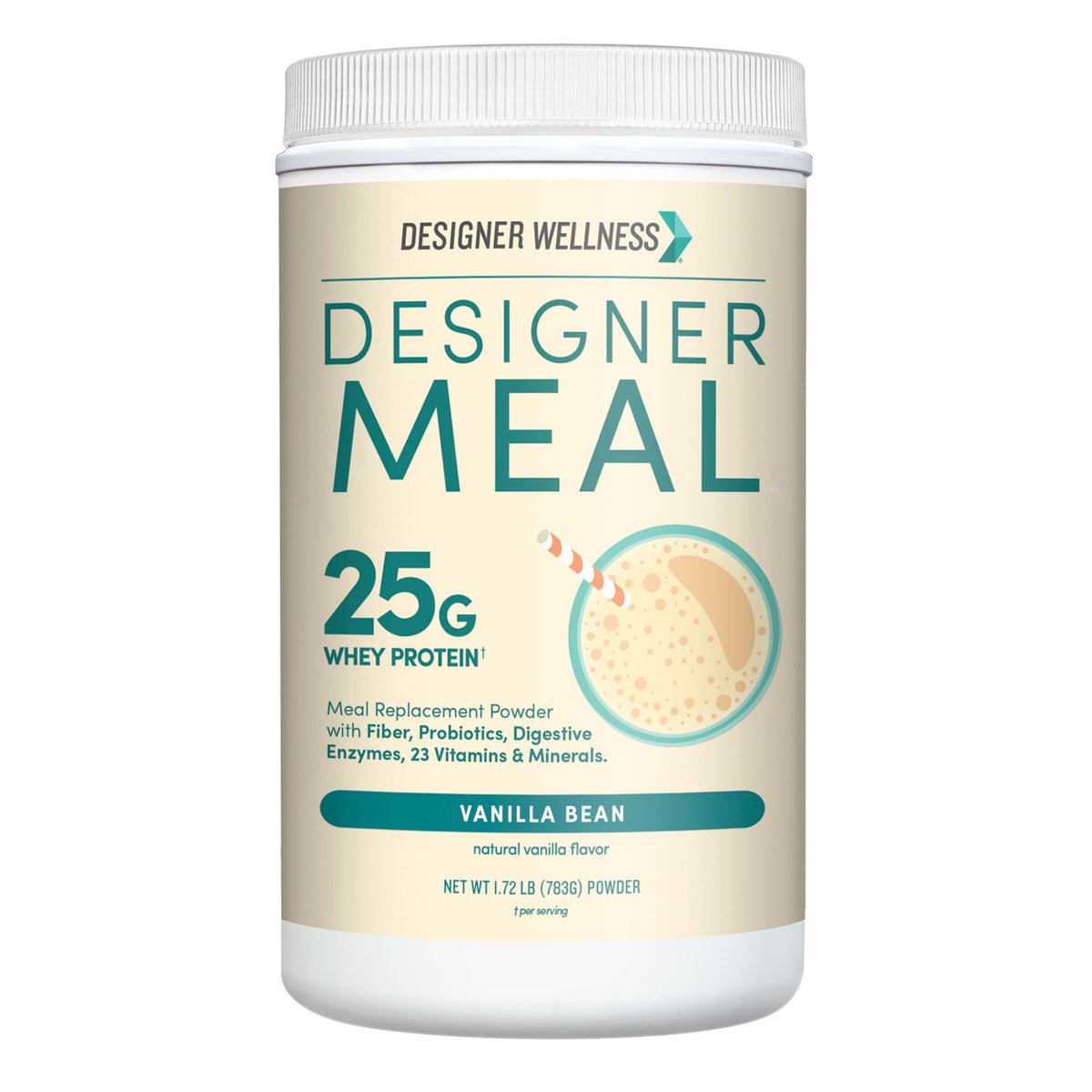 Front of the Designer Meal Vanilla Bean meal replacement powder container, 1.72 lb, showing 25g whey protein