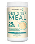 Front of the Designer Meal Vanilla Bean meal replacement powder container, 1.72 lb, showing 25g whey protein