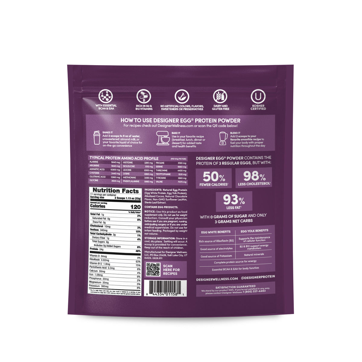 Back of the Designer Egg Dutched Chocolate pouch, 12.4 oz, with Nutrition Facts, ingredients and amino acid profile