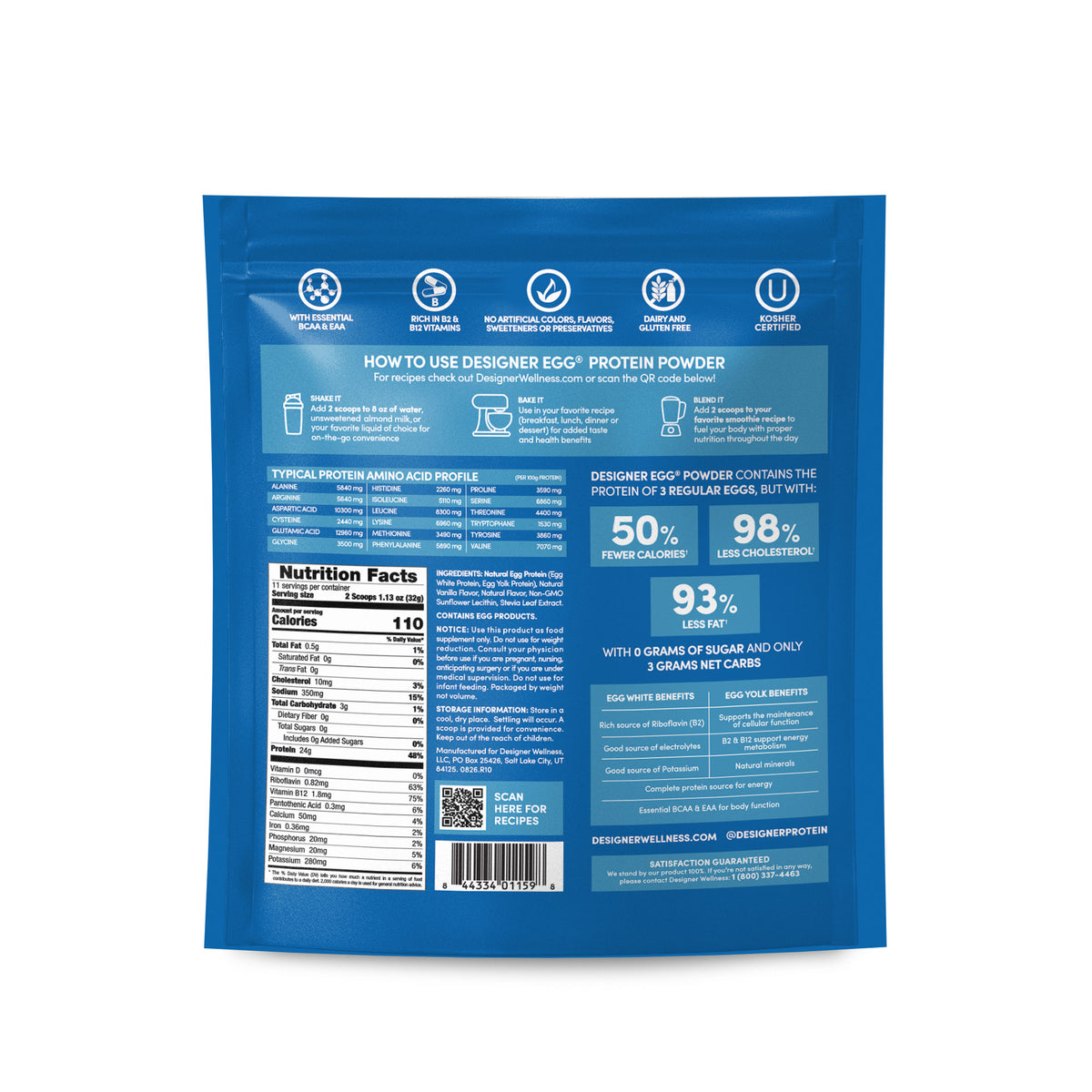 Back of the Designer Egg Classic Vanilla pouch, 12.4 oz, with Nutrition Facts, ingredients and amino acid profile
