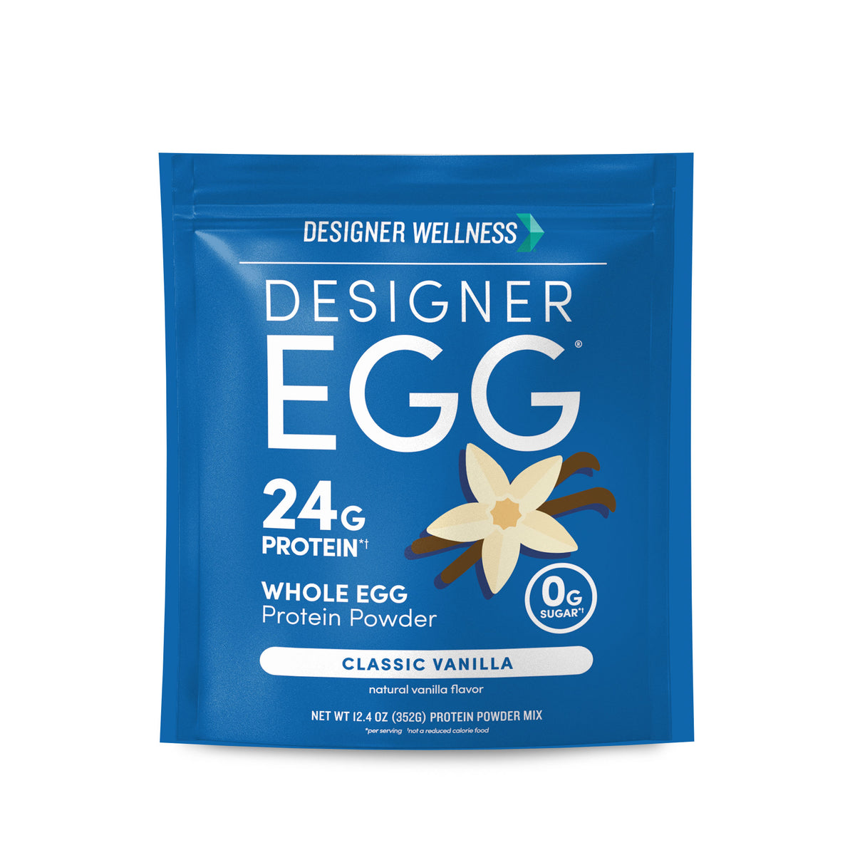 Front of the Designer Egg Classic Vanilla whole egg protein powder pouch, 12.4 oz, showing 24g protein and 0g sugar