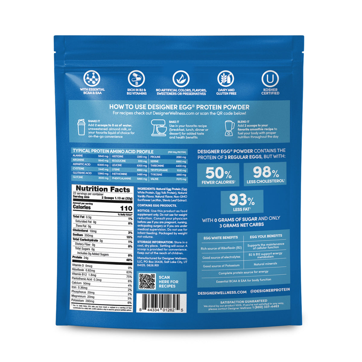 Back of the Designer Egg Classic Vanilla pouch, 1.55 lb, with Nutrition Facts, ingredients and amino acid profile
