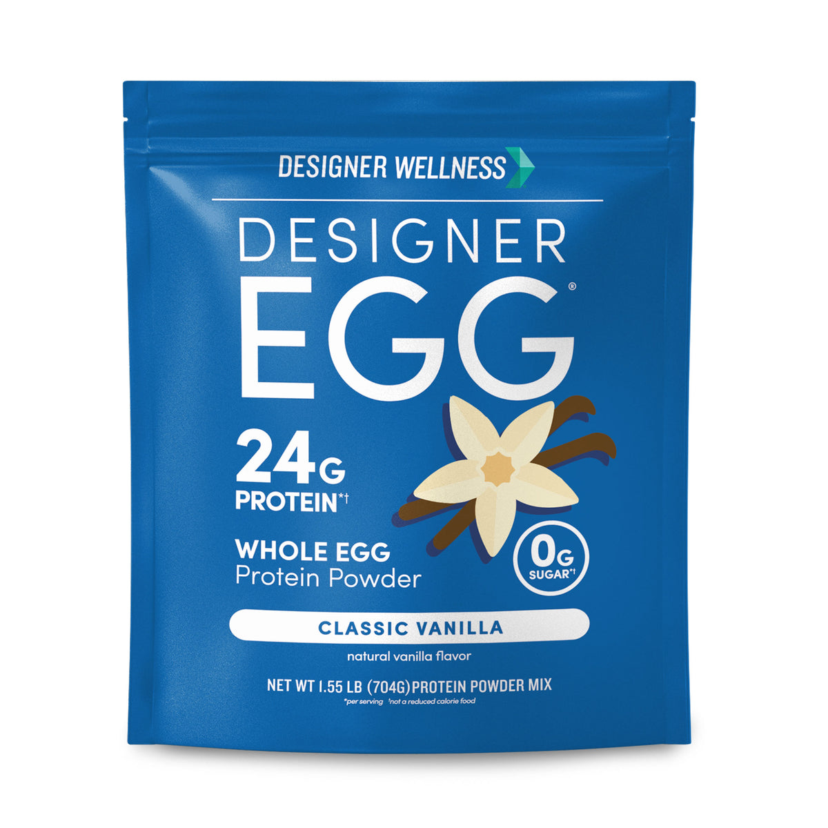 Front of the Designer Egg Classic Vanilla whole egg protein powder pouch, 1.55 lb, showing 24g protein and 0g sugar