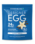 Front of the Designer Egg Classic Vanilla whole egg protein powder pouch, 1.55 lb, showing 24g protein and 0g sugar