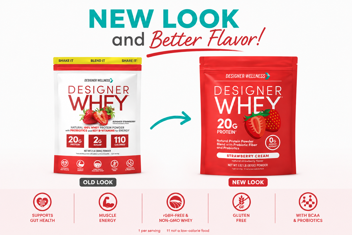 Designer Whey Strawberry Cream, old Summer Strawberry packaging beside the new 2026 bag