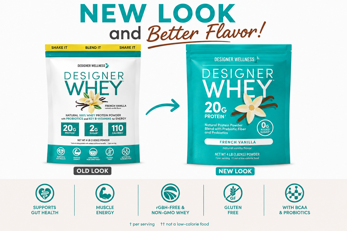 Designer Whey French Vanilla 4 lb, old packaging beside the new 2026 bag