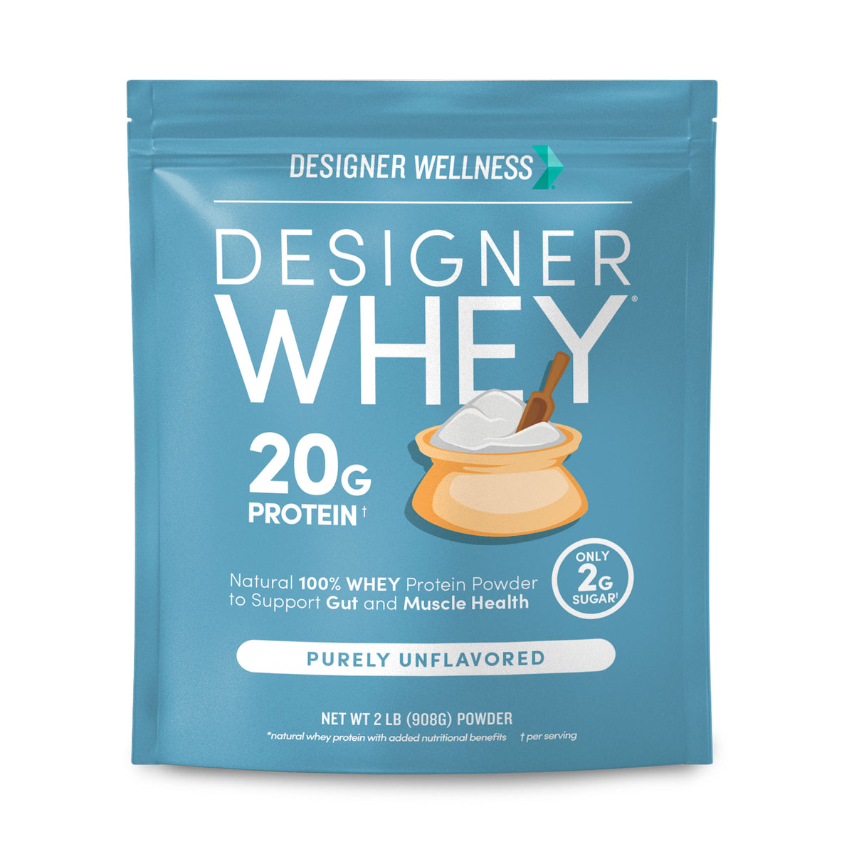 Designer Whey Unflavored 1.79 lb bag, front of package