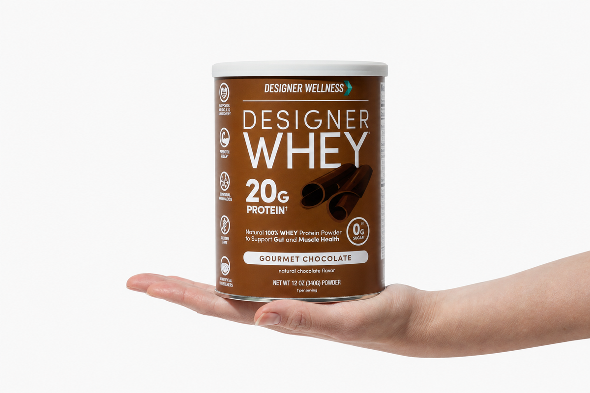 Designer Whey Gourmet Chocolate 12 oz, 0 g added sugar in the 2026 formula