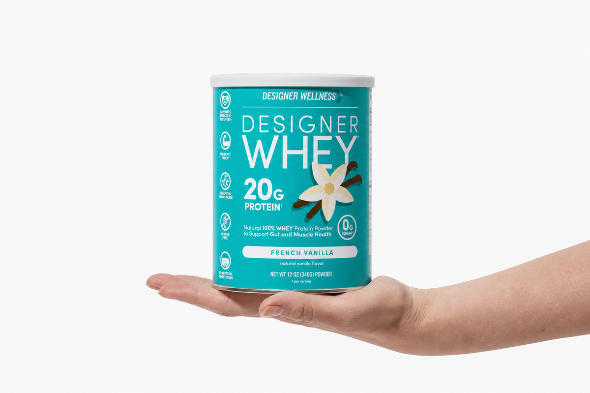 Designer Whey French Vanilla 12 oz, 0 g added sugar in the 2026 formula