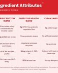 Designer Whey Strawberry Cream ingredient attributes: triple protein blend, digestive health blend, clean label