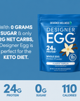 Designer Egg Classic Vanilla pouch with the callout 0 grams sugar and low net carbs, suitable for a keto diet. 24g protein, 0g sugar, 110 calories.