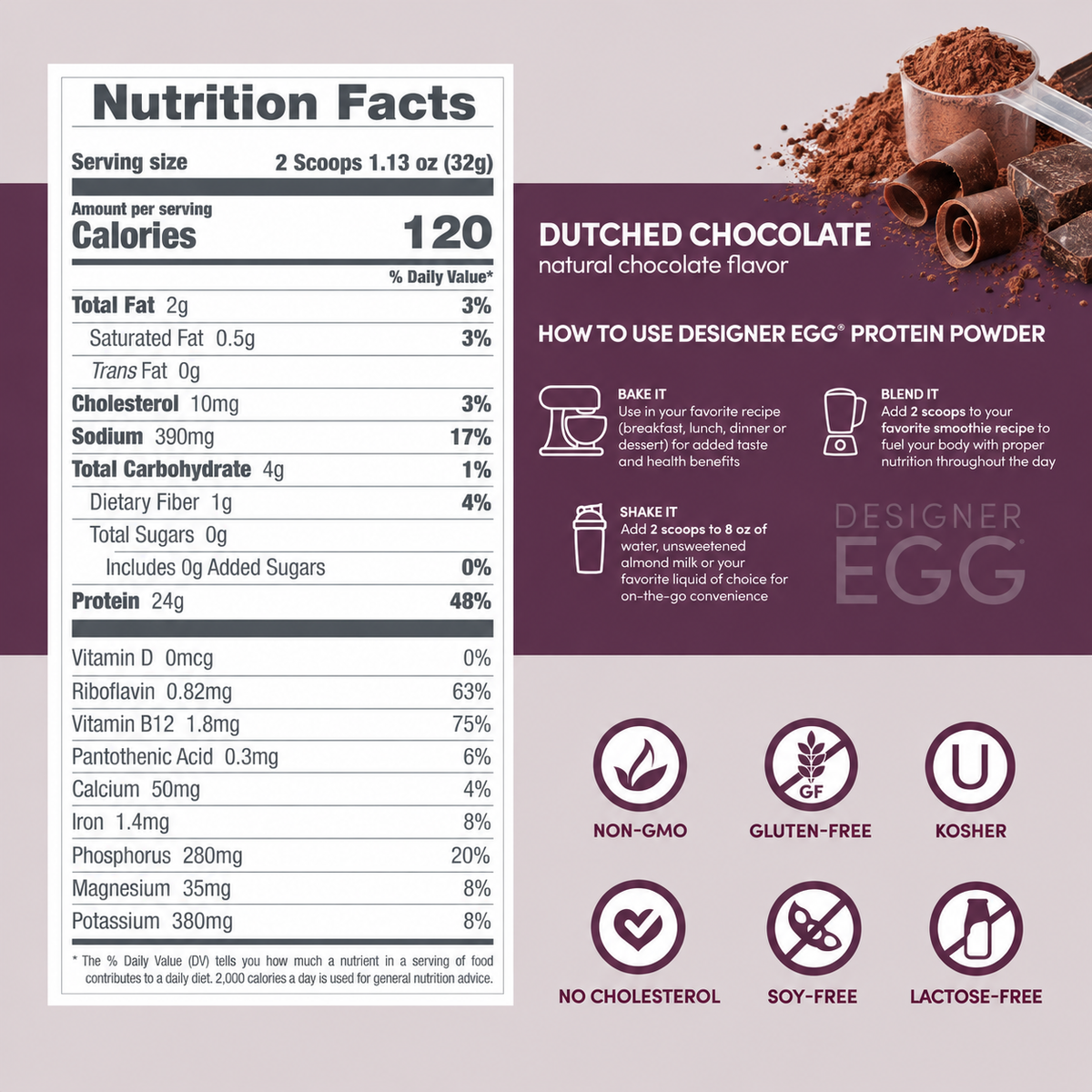 Nutrition Facts panel for Designer Egg Dutched Chocolate, with directions to shake, bake or blend, and badges for non-GMO, gluten free and Kosher.