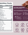 Nutrition Facts panel for Designer Egg Dutched Chocolate, with directions to shake, bake or blend, and badges for non-GMO, gluten free and Kosher.