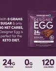 Designer Egg Dutched Chocolate pouch with the callout 0 grams sugar and low net carbs, suitable for a keto diet. 24g protein, 0g sugar, 120 calories.