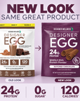 New look, same great product. The old white Designer Egg Dutched Chocolate pouch beside the new aubergine one. 24g protein, 0g sugar, 120 calories.