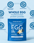 Designer Egg Classic Vanilla whole egg protein powder, surrounded by callouts: no artificial sweeteners, no erythritol, no artificial colors or flavors, no antibiotics, no preservatives, no growth hormones.