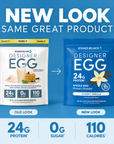 New look, same great product. The old white Designer Egg Classic Vanilla pouch beside the new blue one. 24g protein, 0g sugar, 110 calories.