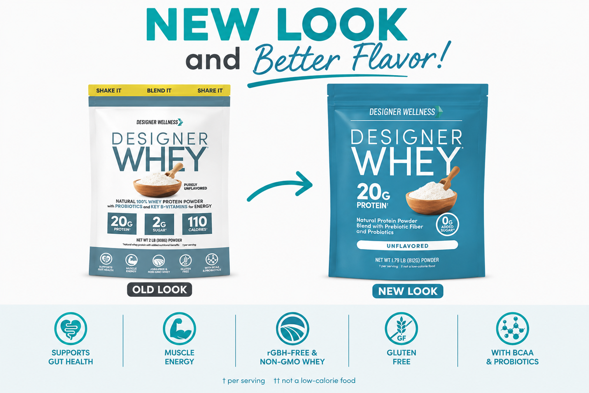 Designer Whey Unflavored, old packaging beside the new 2026 bag