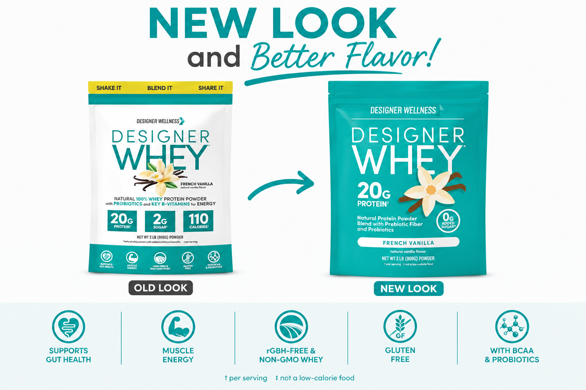 Designer Whey French Vanilla 2 lb, old packaging beside the new 2026 bag