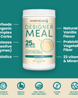 Designer Meal Vanilla Bean ingredient callouts: superfoods organic complex carbs, protease digestive enzymes, probiotics, natural vanilla flavor, prebiotic vegetable fiber and 23 vitamins and minerals