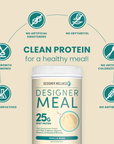 Clean protein claims for Designer Meal Vanilla Bean: no artificial sweeteners, no erythritol, no growth hormones, no artificial colors or flavors, no preservatives and no antibiotics