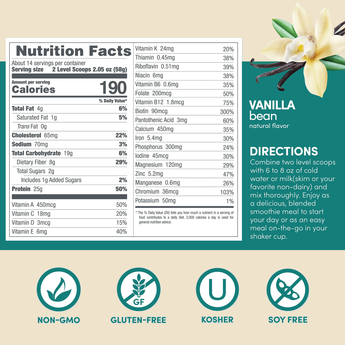 Nutrition Facts panel for Designer Meal Vanilla Bean with mixing directions and badges for non-GMO, gluten free, Kosher and soy free