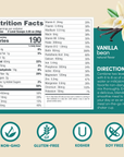Nutrition Facts panel for Designer Meal Vanilla Bean with mixing directions and badges for non-GMO, gluten free, Kosher and soy free