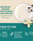 When to use Designer Meal Vanilla Bean: morning to curb cravings and replace a meal, post workout within one hour, or on the go as a healthy meal option